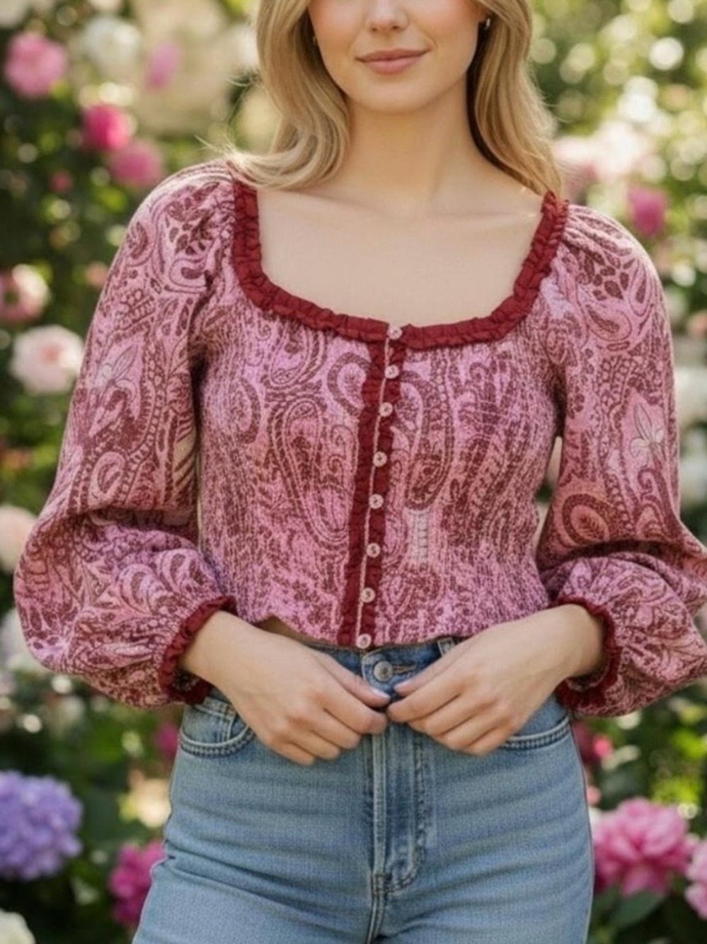 Free People Pink Paisley Smocked Crop Top – XL – NWT